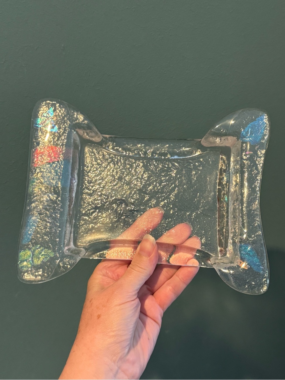 Hand Crafted Clear Iridescent Fused Glass Trinket Dish / Soap Dish